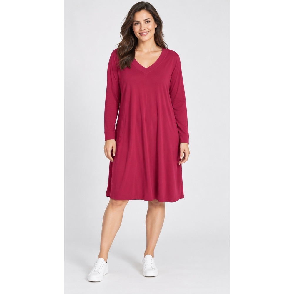 Lands' End Women's XL Red Long Sleeve V-Neck Cotton Midi T-Shirt Dress
